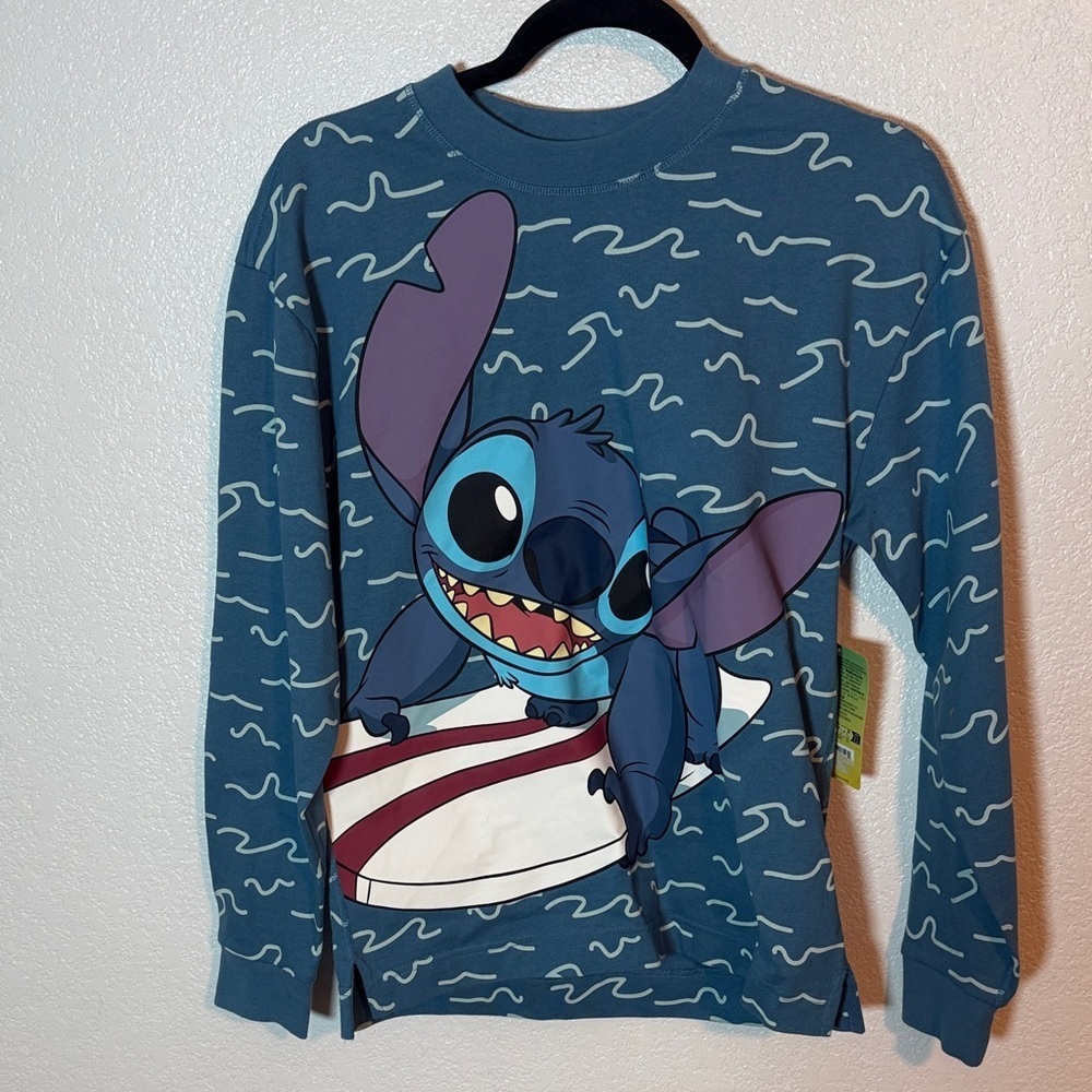 Disneyland Resort Celebration Crew Stitch Riding Waves Tee Spellout Back Size XS
